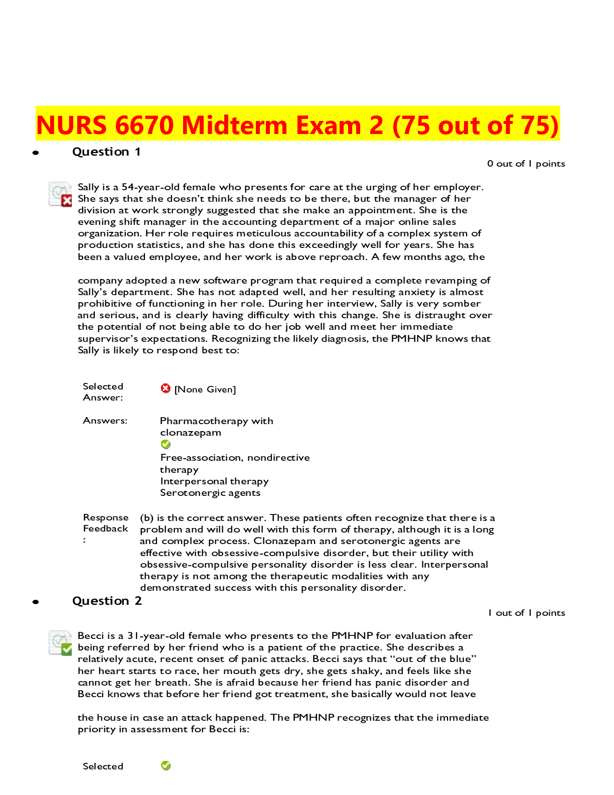 NURS 6670 Midterm Exam 2 (75 out of 75) Top Grade
